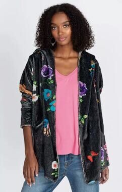 Johnny Was Womens XS Black Floral Biya Ontari Sherpa Hooded Cozy Cardigan NEW